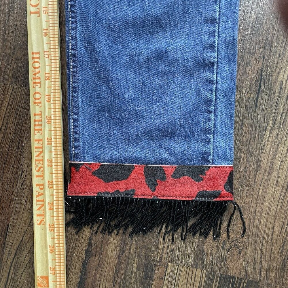 Vtg Levis 505 Denim Blue Jeans Recycled Refashion Beaded Fringe Cuffs Size 28x36 - Picture 7 of 10